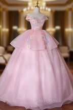A-Line Off Shoulder Organza Lace Pink Long Formal Prom Dresses. Pink Sweet 16 Dresses