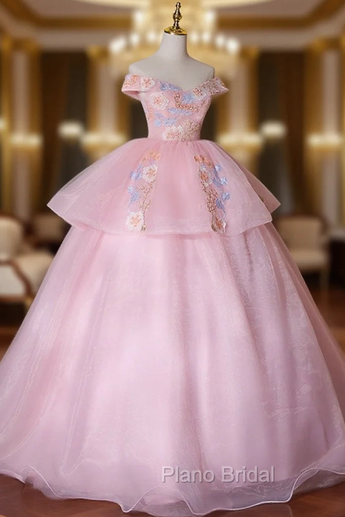 A-Line Off Shoulder Organza Lace Pink Long Formal Prom Dresses. Pink Sweet 16 Dresses Main image