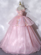 A-Line Off Shoulder Organza Lace Pink Long Formal Prom Dresses. Pink Sweet 16 Dresses