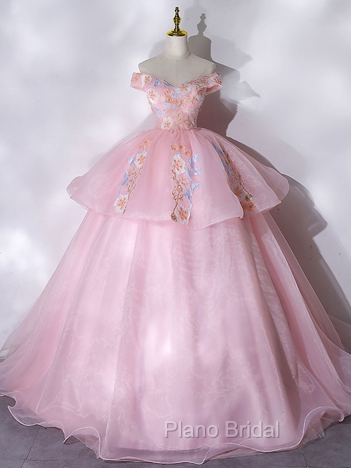 A-Line Off Shoulder Organza Lace Pink Long Formal Prom Dresses. Pink Sweet 16 Dresses Secondary image