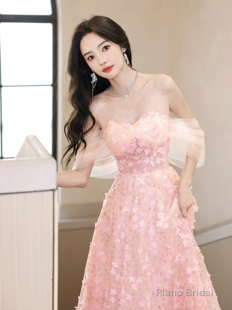 A-Line Off Shoulder Pink Long Prom Dress, Pink Long Graduation Dress Secondary image