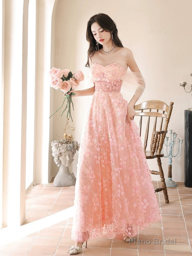A-Line Off Shoulder Pink Long Prom Dress, Pink Long Graduation Dress Main image