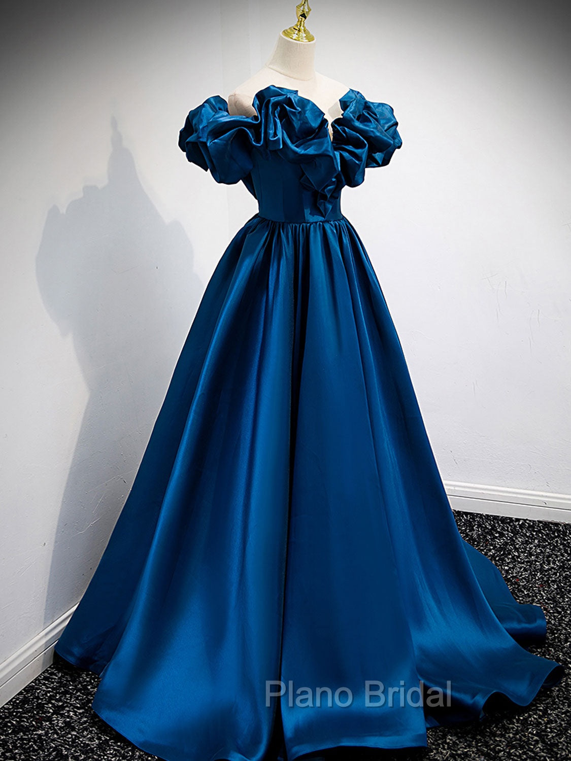 A-Line Off Shoulder Satin Blue Long Formal Prom Dresses, Blue Evening Dresses