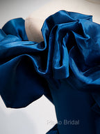 A-Line Off Shoulder Satin Blue Long Formal Prom Dresses, Blue Evening Dresses