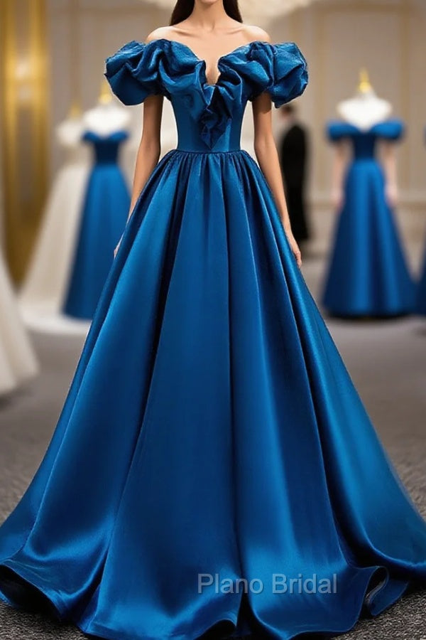 A-Line Off Shoulder Satin Blue Long Formal Prom Dresses, Blue Evening Dresses Main image