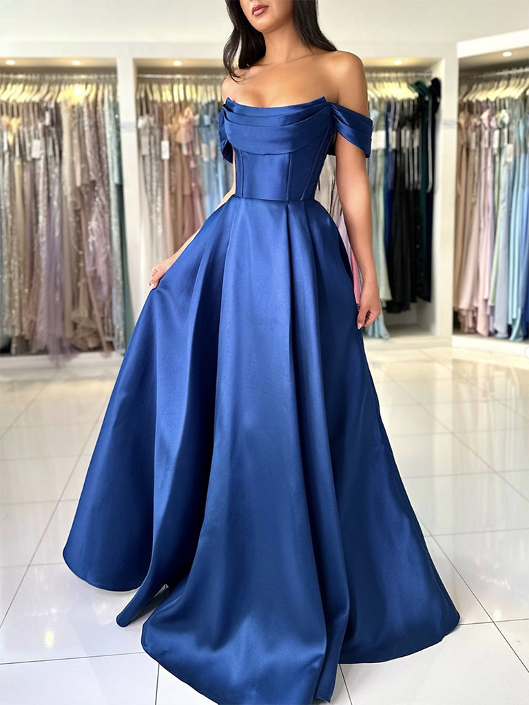 A-Line Off Shoulder Satin Blue Long Formal Prom Dresses, Blue Long Prom Dresses Main image