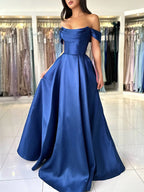 A-Line Off Shoulder Satin Blue Long Formal Prom Dresses, Blue Long Prom Dresses