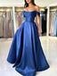 A-Line Off Shoulder Satin Blue Long Formal Prom Dresses, Blue Long Prom Dresses
