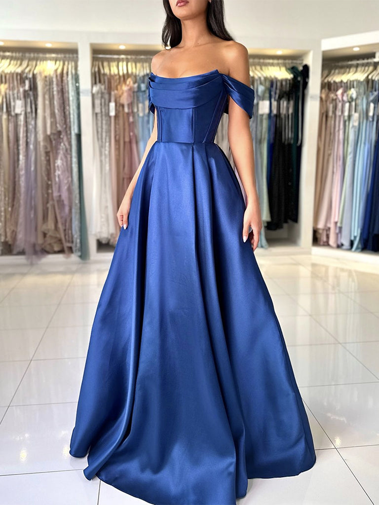 A-Line Off Shoulder Satin Blue Long Formal Prom Dresses, Blue Long Prom Dresses Secondary image