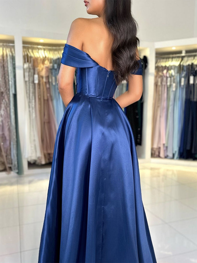A-Line Off Shoulder Satin Blue Long Formal Prom Dresses, Blue Long Prom Dresses