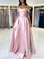 A-Line Off Shoulder Satin Blue Long Formal Prom Dresses, Blue Long Prom Dresses
