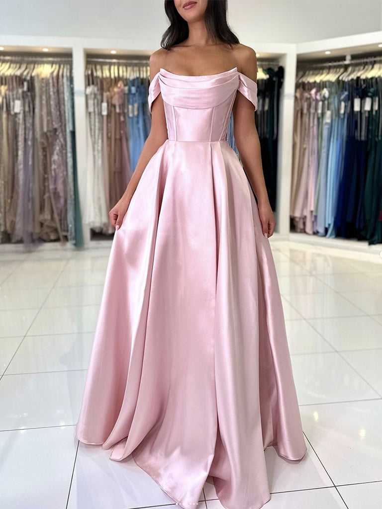 A-Line Off Shoulder Satin Blue Long Formal Prom Dresses, Blue Long Prom Dresses