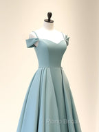 A-Line Off Shoulder Satin Blue Long Formal Prom Dresses, Blue Long Evening Dresses