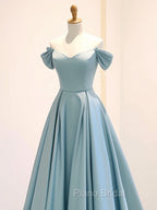 A-Line Off Shoulder Satin Blue Long Formal Prom Dresses, Blue Long Formal Dresses