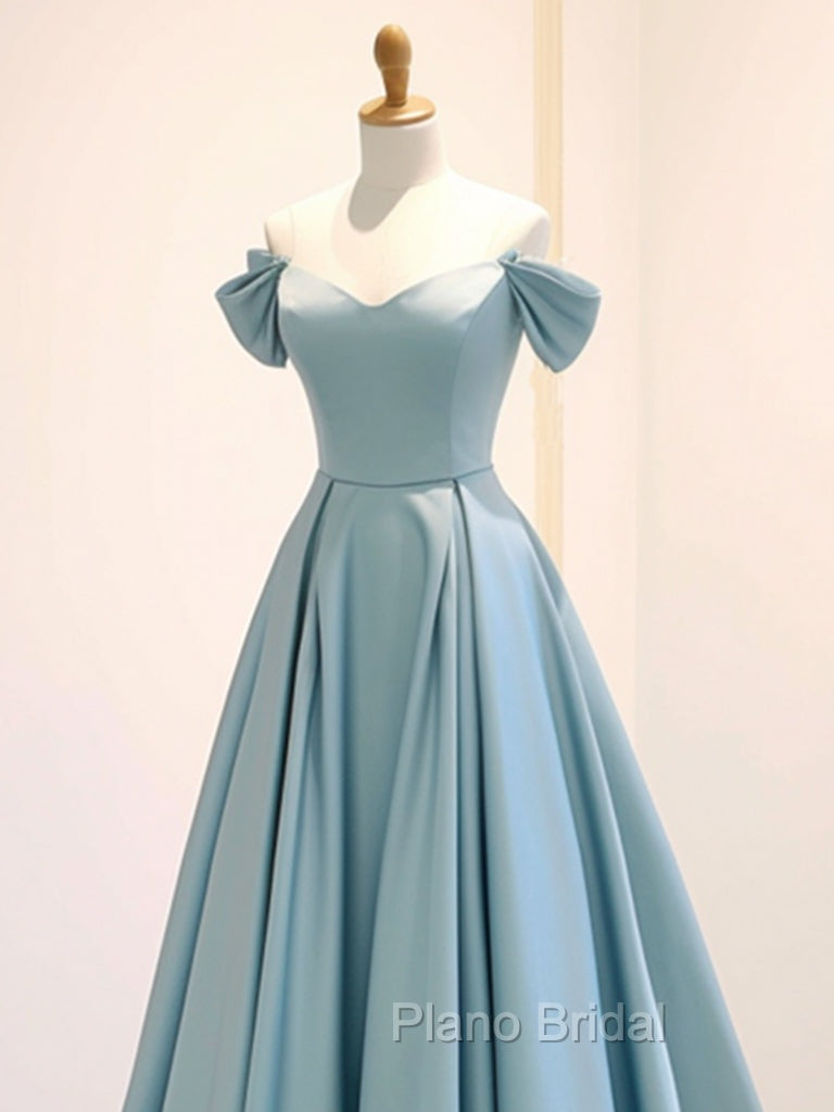 A-Line Off Shoulder Satin Blue Long Formal Prom Dresses, Blue Long Formal Dresses