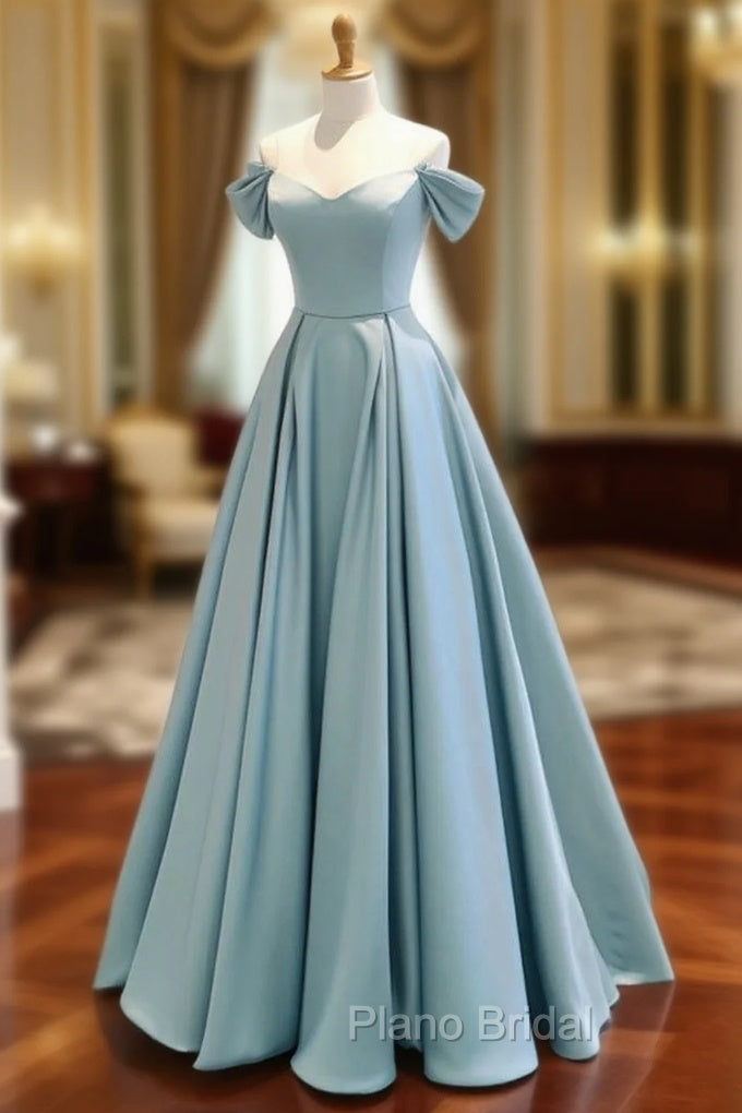 A-Line Off Shoulder Satin Blue Long Formal Prom Dresses, Blue Long Formal Dresses