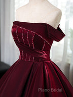 A-Line Off Shoulder Satin Burgundy Long Formal Prom Dresses, Burgundy Formal Dresses With Beads