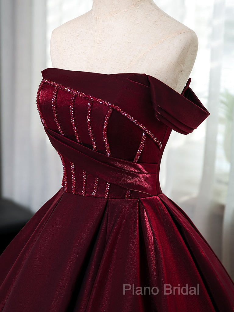 A-Line Off Shoulder Satin Burgundy Long Formal Prom Dresses, Burgundy Formal Dresses With Beads