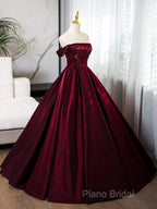 A-Line Off Shoulder Satin Burgundy Long Formal Prom Dresses, Burgundy Formal Dresses With Beads