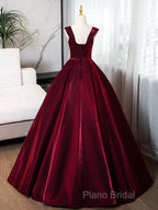 A-Line Off Shoulder Satin Burgundy Long Formal Prom Dresses, Burgundy Formal Dresses With Beads