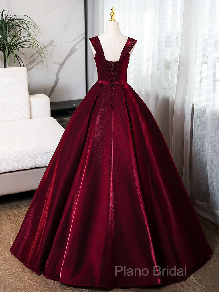 A-Line Off Shoulder Satin Burgundy Long Formal Prom Dresses, Burgundy Formal Dresses With Beads