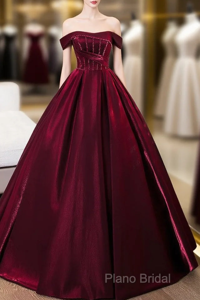 A-Line Off Shoulder Satin Burgundy Long Formal Prom Dresses, Burgundy Formal Dresses With Beads