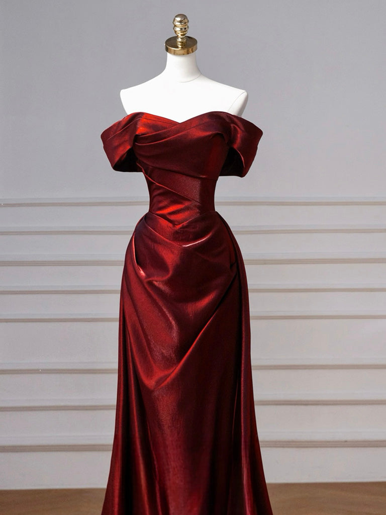 A-Line Off Shoulder Satin. Burgundy Long Formal Prom Dresses, Burgundy Long Prom Dresses