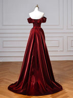 A-Line Off Shoulder Satin. Burgundy Long Formal Prom Dresses, Burgundy Long Prom Dresses