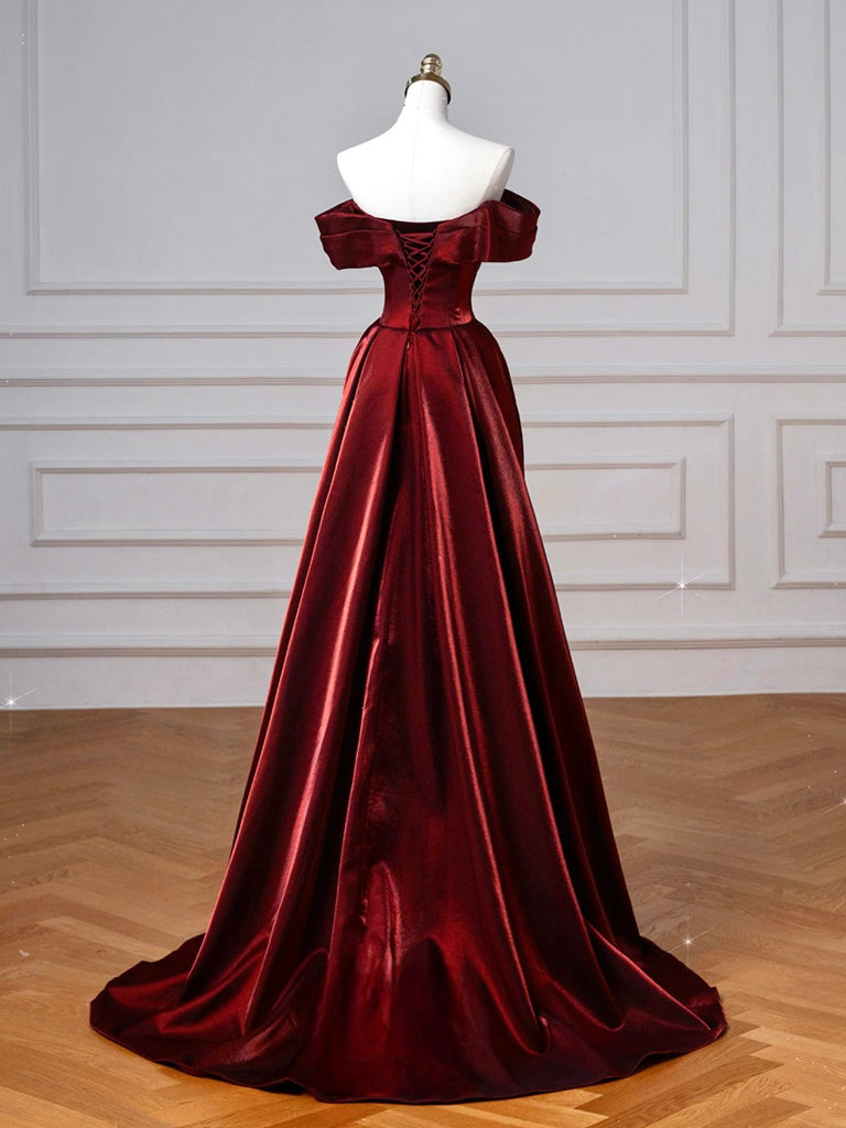 A-Line Off Shoulder Satin. Burgundy Long Formal Prom Dresses, Burgundy Long Prom Dresses