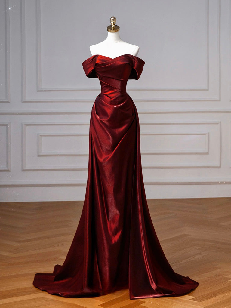A-Line Off Shoulder Satin. Burgundy Long Formal Prom Dresses, Burgundy Long Prom Dresses Main image