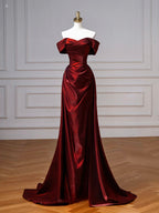 A-Line Off Shoulder Satin. Burgundy Long Formal Prom Dresses, Burgundy Long Prom Dresses