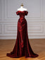 A-Line Off Shoulder Satin. Burgundy Long Formal Prom Dresses, Burgundy Long Prom Dresses