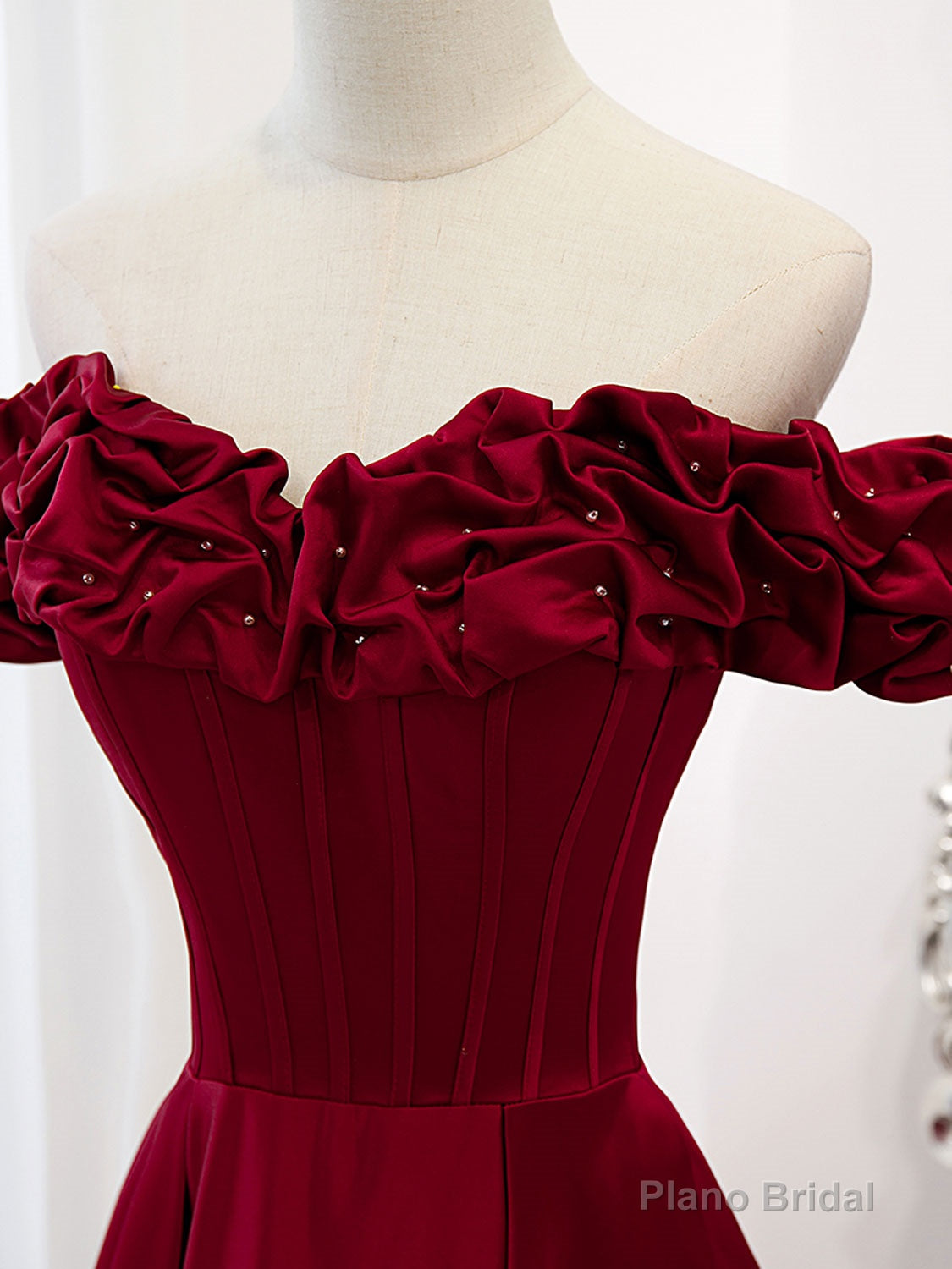A-Line Off Shoulder Satin Burgundy Long Prom Dress, Satin Burgundy Evening Dress Secondary image