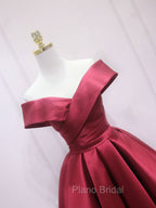 A-Line Off Shoulder Satin Burgundy Short Formal Prom Dresses, Burgundy Homecoming Dresses