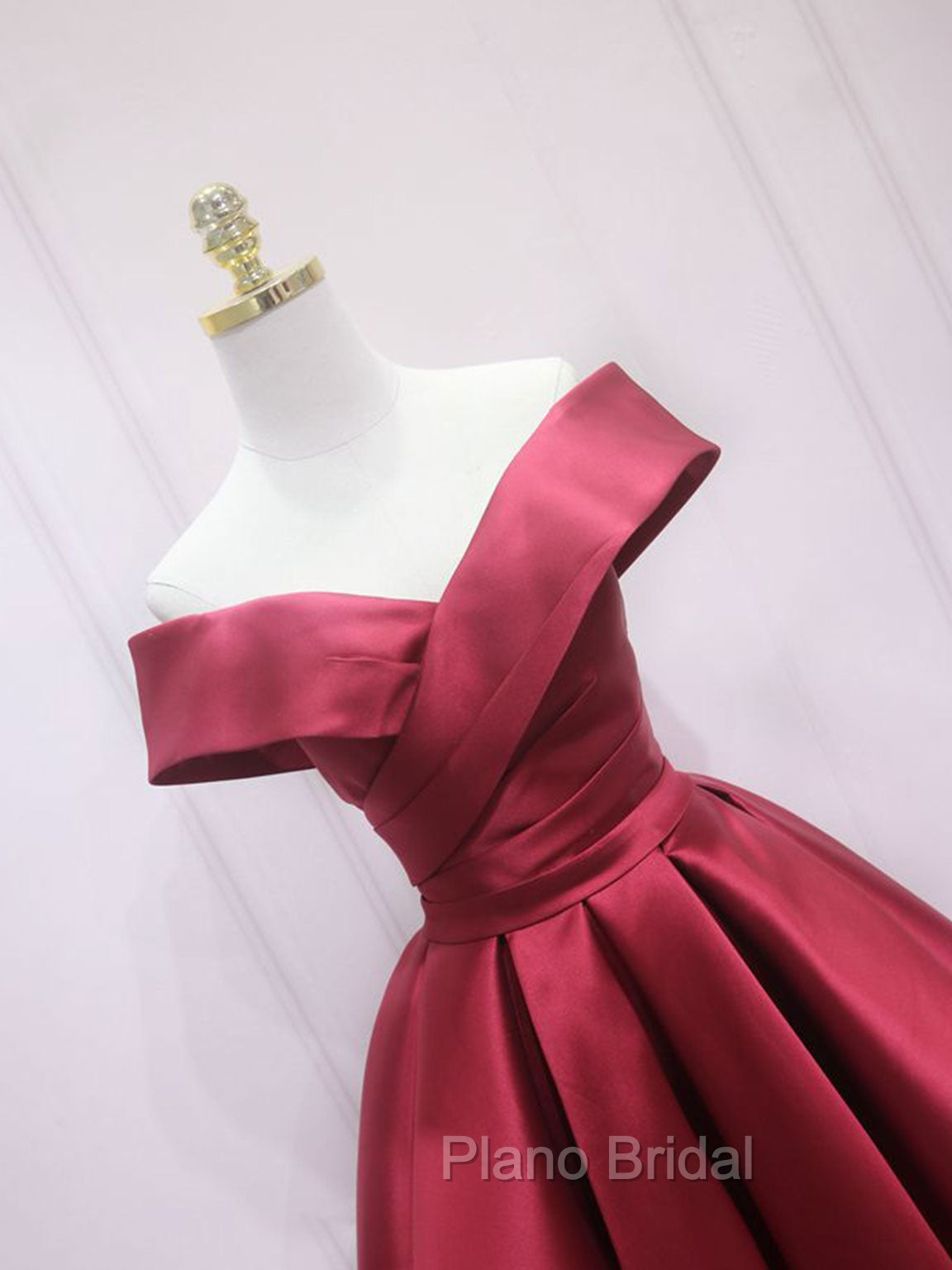 A-Line Off Shoulder Satin Burgundy Short Formal Prom Dresses, Burgundy Homecoming Dresses