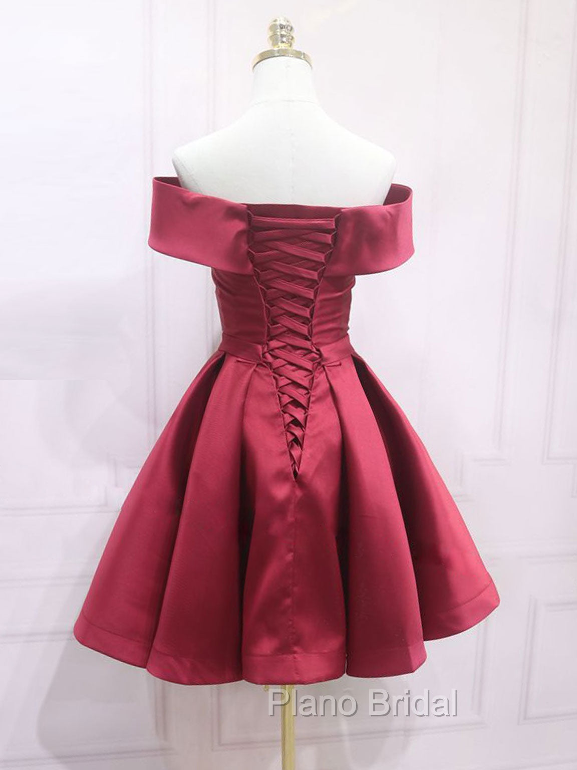 A-Line Off Shoulder Satin Burgundy Short Formal Prom Dresses, Burgundy Homecoming Dresses