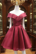 A-Line Off Shoulder Satin Burgundy Short Formal Prom Dresses, Burgundy Homecoming Dresses
