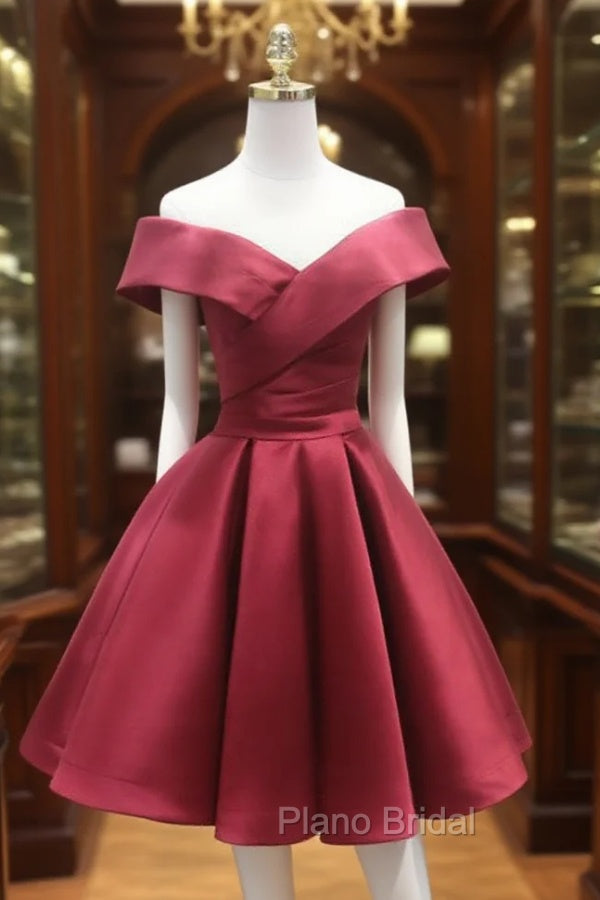 A-Line Off Shoulder Satin Burgundy Short Formal Prom Dresses, Burgundy Homecoming Dresses Main image