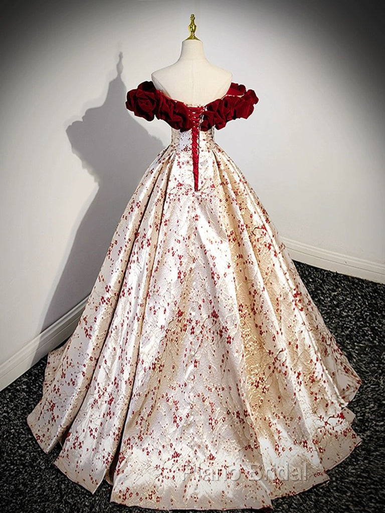 A-Line Off Shoulder Satin Champagne Long Formal Prom Dresses, Champagne Long Formal Dresses