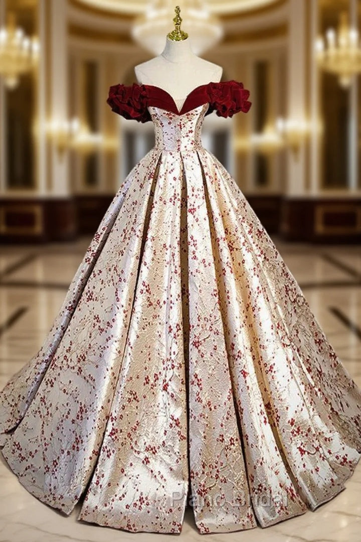 A-Line Off Shoulder Satin Champagne Long Formal Prom Dresses, Champagne Long Formal Dresses Main image