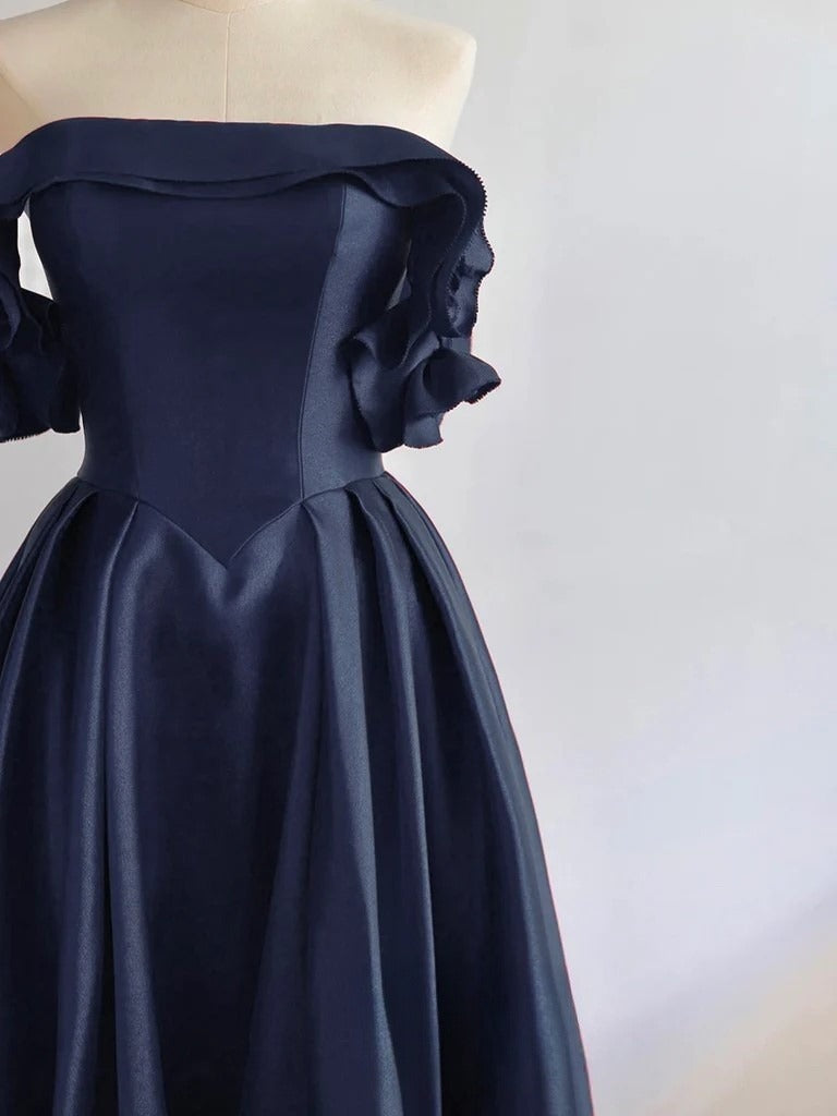 A-Line Off Shoulder Satin Dark Blue Long Formal Prom Dresses, Dark Blue Long Formal Dresses Secondary image
