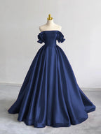 A-Line Off Shoulder Satin Dark Blue Long Formal Prom Dresses, Dark Blue Long Formal Dresses