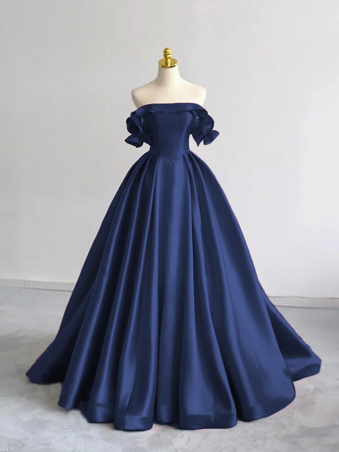 A-Line Off Shoulder Satin Dark Blue Long Formal Prom Dresses, Dark Blue Long Formal Dresses
