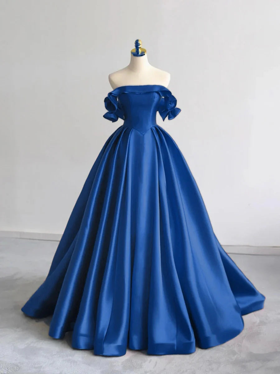 A-Line Off Shoulder Satin Dark Blue Long Formal Prom Dresses, Dark Blue Long Formal Dresses