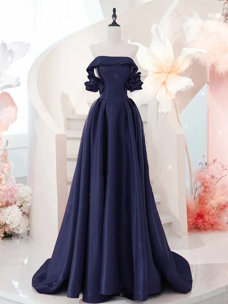A-Line Off Shoulder Satin Dark Blue Long Formal Prom Dresses, Dark Blue Long Formal Dresses Main image