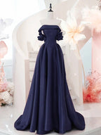 A-Line Off Shoulder Satin Dark Blue Long Formal Prom Dresses, Dark Blue Long Formal Dresses