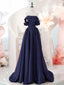 A-Line Off Shoulder Satin Dark Blue Long Formal Prom Dresses, Dark Blue Long Formal Dresses