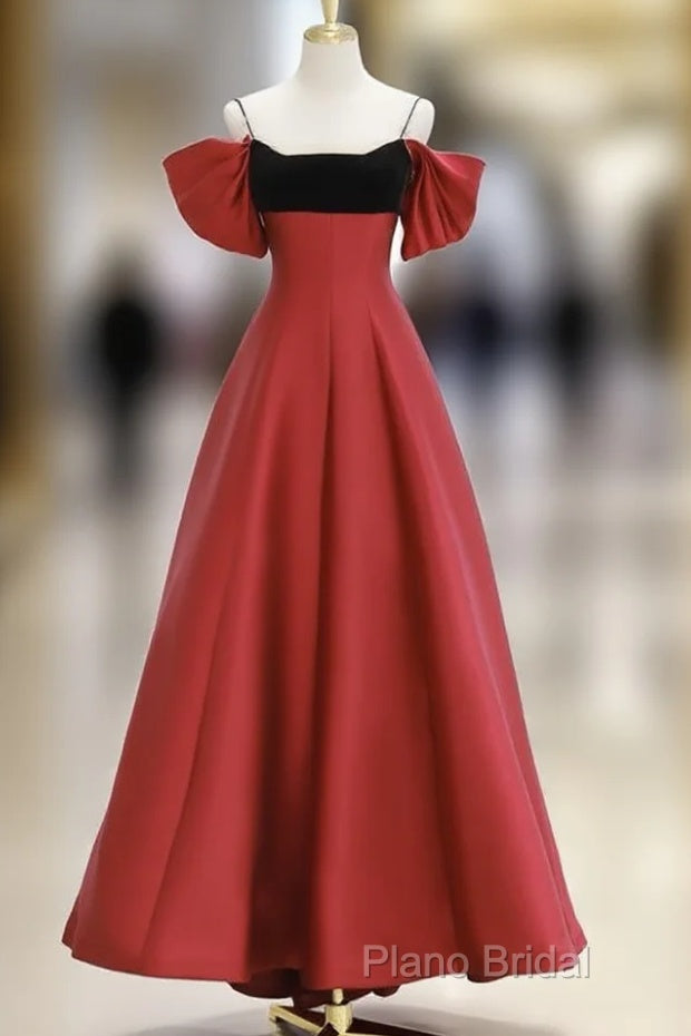 A-Line Off Shoulder Satin Dark Red Long Formal Prom Dresses, Red Long Formal Dresses Main image