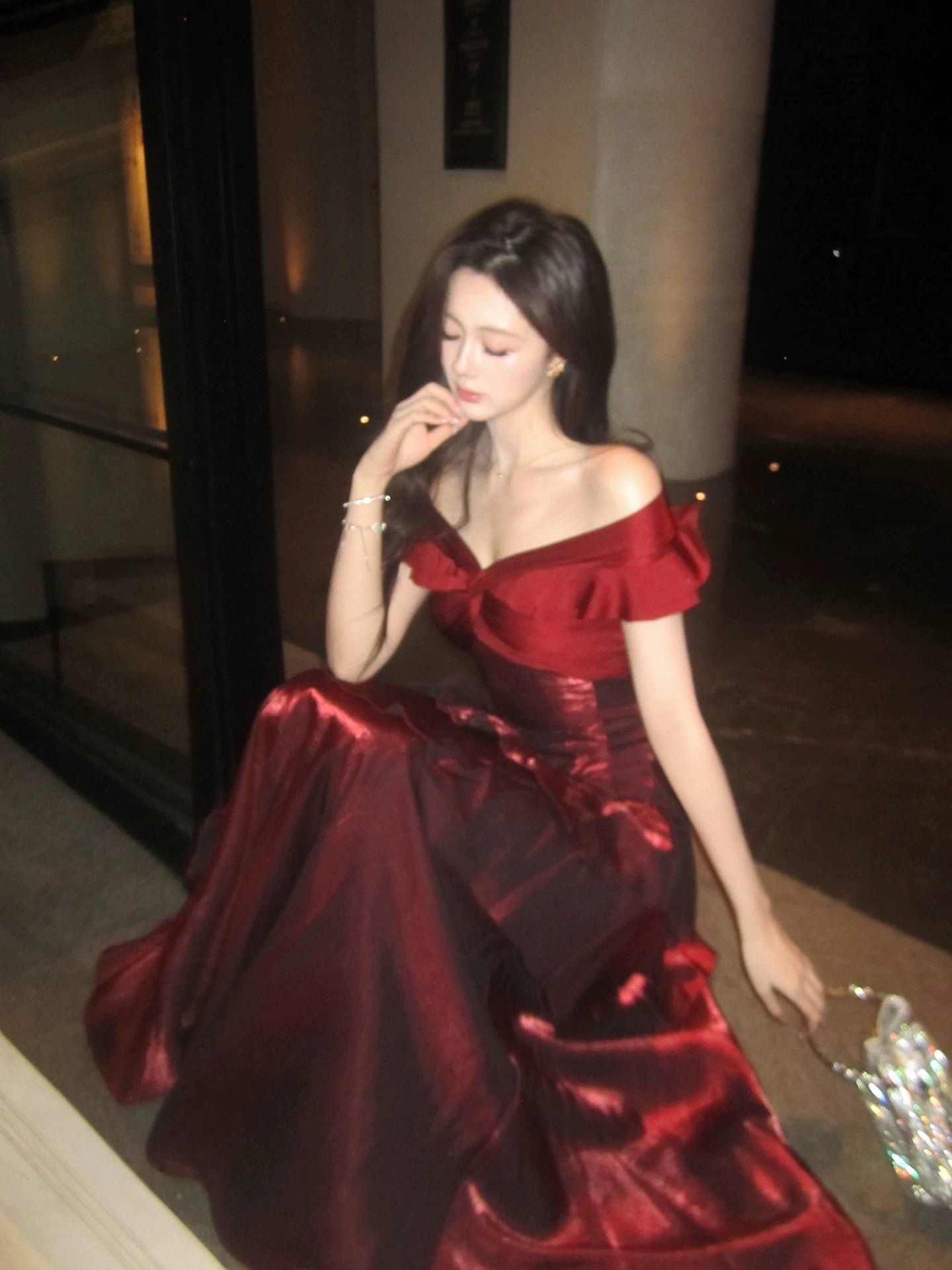 A-Line Off Shoulder Satin Floor Length Burgundy Formal Prom Dresses Secondary image