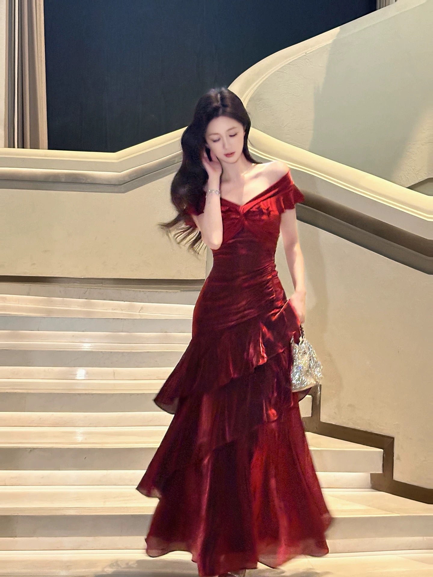 A-Line Off Shoulder Satin Floor Length Burgundy Formal Prom Dresses